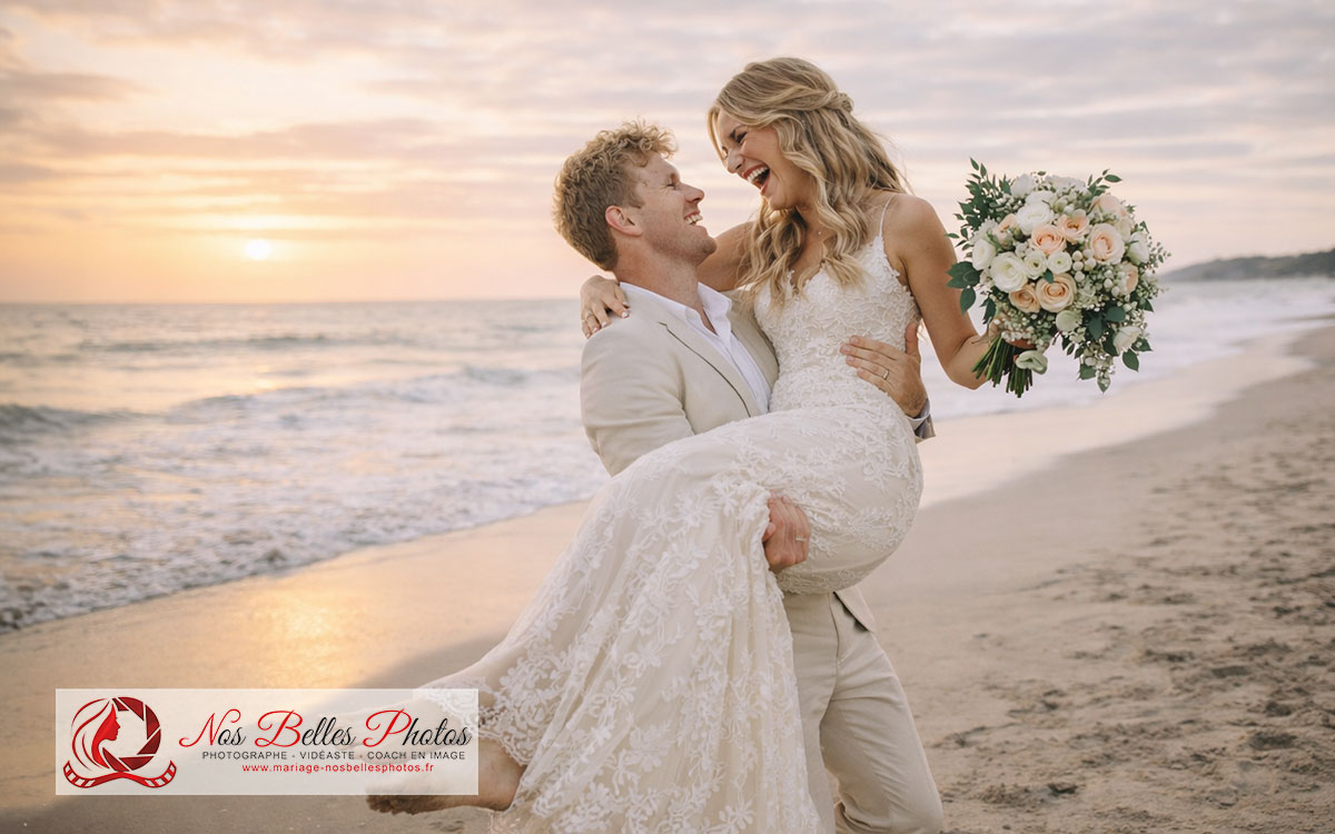 Shooting couple après mariage à Dinard au coucher du soleil en bord de mer