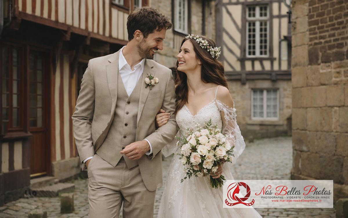 Shooting photo couple après mariage à Rennes au coucher du soleil en bord de mer