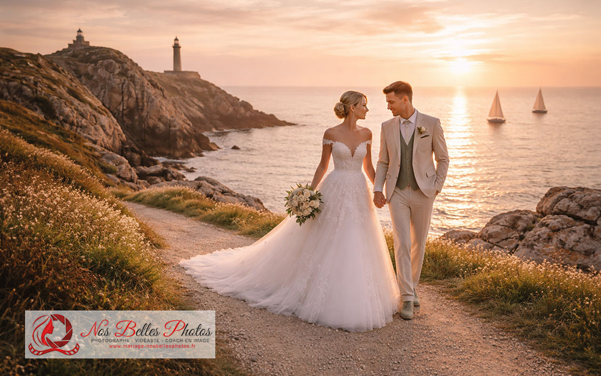 Photographe mariage Saint‑Malo – couple de mariés sur les sentiers du littoral sauvage de la Côte d’Émeraude