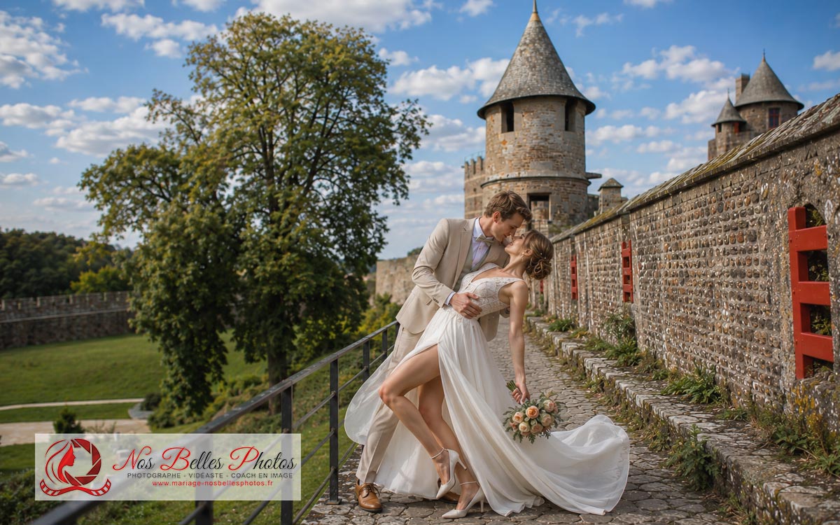 Shooting photo couple après mariage à Fougères au coucher du soleil